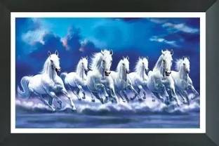 AARTKALA photo frame|clouds|blue background|Seven white horse photo frame(SIZE 9*12 INCH) Digital Reprint 9 inch x 20 inch Painting