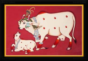 Braj Art Gallery Pichwai Painting Kamdhenu Cow with Calf Photo Frame Digital Reprint 13.5 inch x 19.5 inch Painting