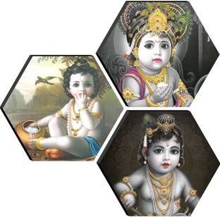 saf SET OF 3 HEXAGON RADHA KRISHNA Embossed 21 inch x 21 inch Painting