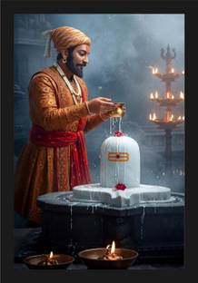 HSB INFRA Shivaji Maharaj Shiva Abhishek MDF Photo Frame – Divine Warrior Spirit Art Digital Reprint 12 inch x 9 inch Painting