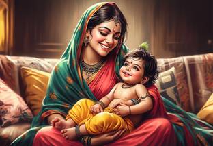 Anaadi Bal Krishna With Maa Yashoda Photo Poster Without Frame for Home Decoration Digital Reprint 13 inch x 19 inch Painting