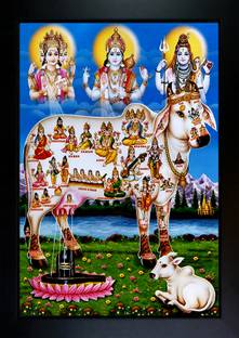 RV SALES Kamdhenu Cow with Brahma Vishnu Mahesh/Shiva Giving Blessing Digital Reprint 13.5 inch x 10 inch Painting