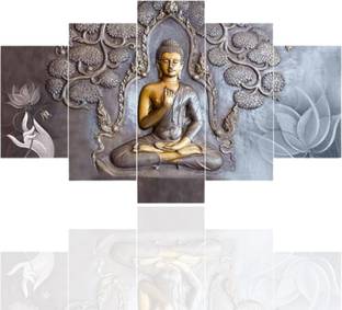 Masstone Golden Buddha Religious 5 Panel MDF Painting Digital Reprint 17 inch x 30 inch Painting