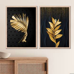 Rainbow Arts Golden Leaf Art Framed Paintings for Wall Decor - Abstract Art Frame for Home Digital Reprint 14 inch x 11 inch Painting