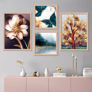 Modern Wall Art Framed Painting for Wall Decoration - Wall Paintings for Living Room, Bedroom / Nature Theme Painting for Home Decor ( 11 x 14 inch, Framed ) Set of 4 Paper Print