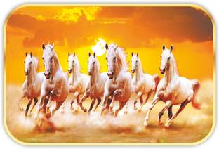 saf 7 Horses Sparkle Lamination Finished Surface Golden Slim Frame Digital Reprint 13.5 inch x 19.5 inch Painting