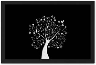 Ritwika's Black Modern Paper Art White Tree With Bird & Flowers Framed Painting Digital Reprint 9.5 inch x 13.5 inch Painting