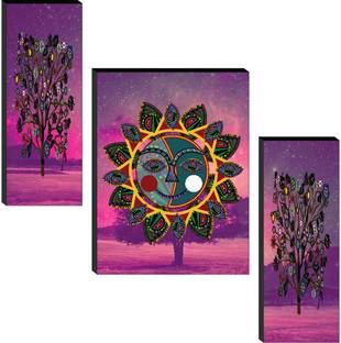saf Abstract Tribal Sun Moon Face & Colorful Trees on Starry Violet-Pink Background Digital Reprint 12 inch x 20 inch Painting