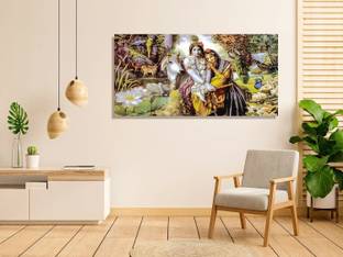 walleraa Beautiful Hindu God Radha Krishna Canvas Wall Painting Fitted With Wooden Frame Canvas 24 inch x 48 inch Painting