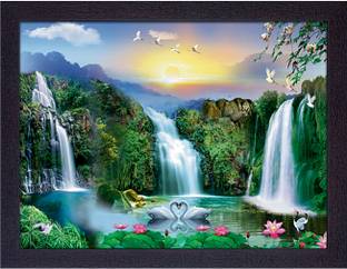 Masstone Beautiful Waterfall Vastu UV Matt Textured Effect Framed HD Digital Reprint 11 inch x 14 inch Painting