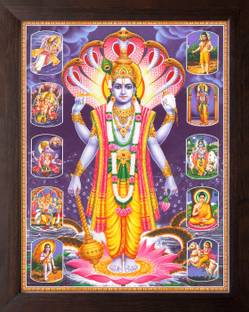 Artcoin Lord Vishnu Narayan with his Dashavatara Painting Frame for Home & Temple. Digital Reprint 9 inch x 7 inch Painting