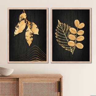 Rainbow Arts Golden Leaf Art Framed Paintings for Wall Decor - Abstract Art Frame for Home Digital Reprint 14 inch x 11 inch Painting