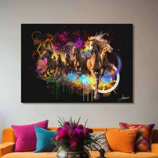 Artfluence 7 Running Horses Painting Vastu Painting For Home, Office, Hotels Stretched Canvas 11.7 inch x 16.5 inch Painting