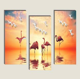 Masstone Crane Birds on Water Wildlife 3 Piece MDF Panel Painting Digital Reprint 18 inch x 15 inch Painting