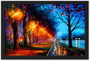 Ritwika's Couple Walking with Umbrella Raining Watercolor Night Street View Framed Digital Reprint 9.5 inch x 13.5 inch Painting