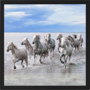 Ritwika's Nine Running Horse Wall Art Vastu Motivational Framed Digital Reprint 13.5 inch x 13.5 inch Painting