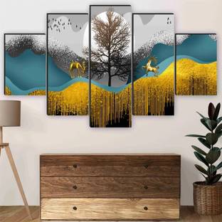 saf Golden Deer Landscape 5 Panel MDF Wall Art | Modern Abstract Nature-Inspired Digital Reprint 18 inch x 30 inch Painting
