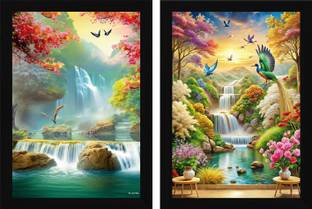 FRIZZY ARTS Enchanted Waterfall Paradise Wall Art Set Digital Reprint 13 inch x 10 inch Painting