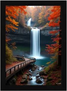 FRIZZY ARTS Crimson Falls Trail – Autumn Waterfall Digital Reprint 20 inch x 14 inch Painting