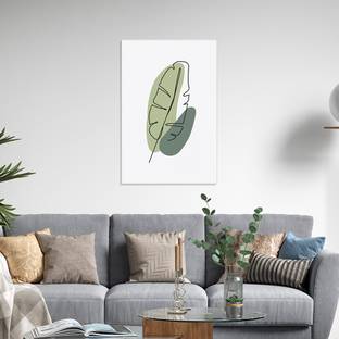 Wallfe Leaf Abstract Line Pine Wood Vertical Shape Green Black Modern Wall Art Painting Canvas 24 inch x 16 inch Painting