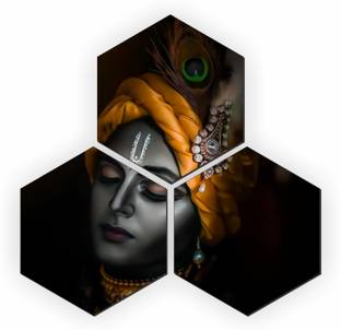 CW Crafts World Set Of 3 Krishna Hexagon UV Coated Digital Reprint Painting