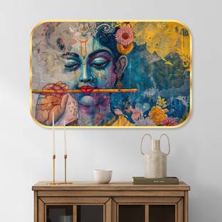 saf God Krishna Crystal Embedded High Gloss Surface with Golden Frame Digital Reprint 18 inch x 12 inch Painting