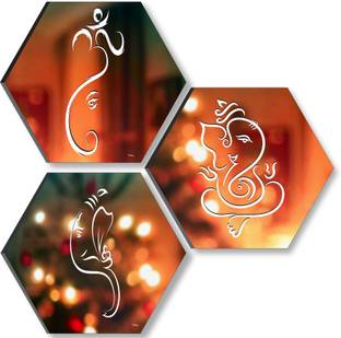 saf 17 inch Lord Ganesha Set OF 3 Hexagon UV Textured Self adhesive Wall Painting Self Adhesive Sticker