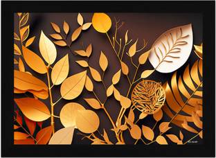 FRIZZY ARTS Golden Foliage – Luxe Botanical Silhouette on Deep Brown Background Digital Reprint 20 inch x 14 inch Painting