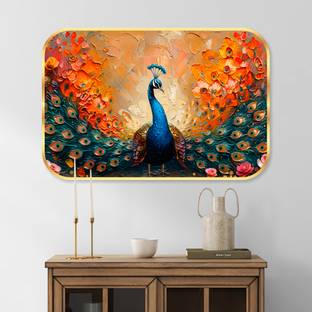 saf Peacock Theme Crystal Embedded High Gloss Surface with Golden Frame Digital Reprint 18 inch x 12 inch Painting