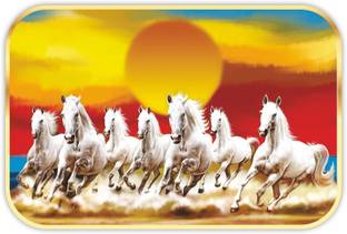 saf 7 Running Horses Sparkle lamination Round Golden Framed Large Painting Digital Reprint 20 inch x 14 inch Painting