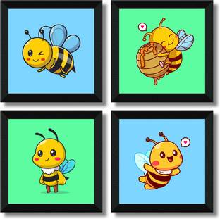 saf Set of 4 Little Cute Honeybee Painting for Kids Room ,Study Room And School Digital Reprint 10 inch x 10 inch Painting
