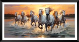DBrush 7 running horses photo frame large size wall decor synthetic wood Digital Reprint 26 inch x 14 inch Painting