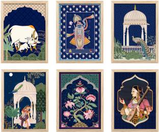 Artifly Set of 6 Framed Pichwai art Paintings for Living Room and wall decor pichwai02 Digital Reprint 13 inch x 10 inch Painting