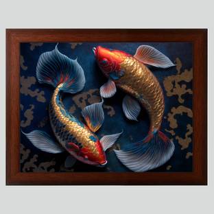 brosbliss Vastu Fishes Painting Digital Re Print With Brown Frame Digital Reprint 13.5 inch x 10 inch Painting