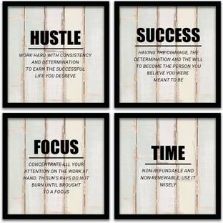Motivational Hustle Quotes Wall Art Paintings - Framed Wall Posters - Framed Painting / Hangings (11x11 Inch) Set of 4, White Paper Print