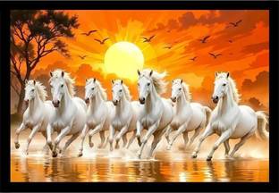 UNebula 7 Running Horses Wall Frame | Premium Black | Vastu Wall Art | Size - A4+ Digital Reprint 13.5 inch x 10 inch Painting