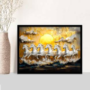 Rainbow Arts 7 Horses Vastu Frame Wall Art Painting for Living Room Bedroom Office | Digital Reprint 13 inch x 10 inch Painting