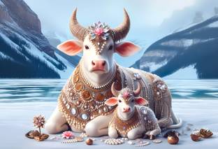 Anaadi kamdhenu cow with Calf Photo Poster For Home & Office Decoration Digital Reprint 12 inch x 18 inch Painting