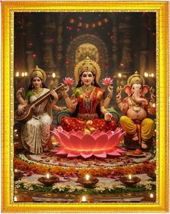 DEKOVA Laxmi Mata Golden Photo Frame for Home, Mandir & Office Décor (A4 Size) Digital Reprint 12 inch x 9 inch Painting