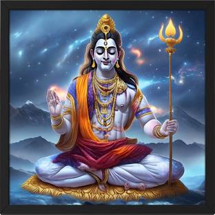 Ritwika's Traditional Lord Shiva Sitting On Kailash Mountain Religious Framed Poster Digital Reprint 13.5 inch x 13.5 inch Painting