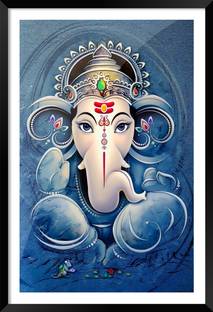 DBrush Ganesha Wall Art Original Glass Painting with Frame For Living room Blue Digital Reprint 20 inch x 14 inch Painting
