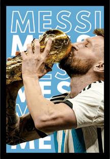 UNbula Messi Kissing Trophy Frame | Premium Black | Football Wall Decor | Size-A4 Digital Reprint 13.5 inch x 10 inch Painting