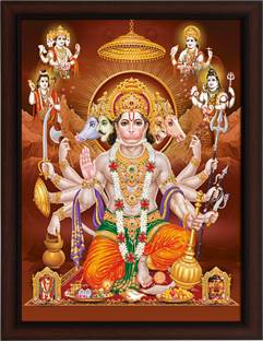 Masstone Panchmukhi Hanumanji Hindu God UV Matt Textured Effect Framed HD Digital Reprint 11 inch x 14 inch Painting
