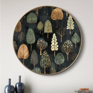 saf Large Round Nature Art Wall Painting with golden frame Vinyl Sparkle laminated Digital Reprint 20 inch x 20 inch Painting
