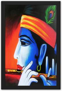Ritwika's Lord Krishna Blue Shining Face With Flute Religious Framed Painting Digital Reprint 13.5 inch x 9.5 inch Painting