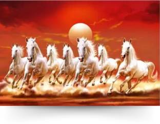 Masstone Vastu Seven Running Horses Sparkle Coated Self Adhesive Painting Without Frame Digital Reprint 24 inch x 36 inch Painting
