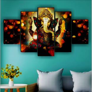SNDArt (5P-9666) Set Of 5 Lord Ganesha Wall Painting For Living Room Gift Items Digital Reprint 18 inch x 30 inch Painting