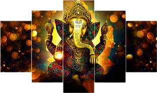 Masstone Lord Ganesha Art Print Religious 5 Panel Self Adhesive MDF Painting Digital Reprint 17 inch x 30 inch Painting