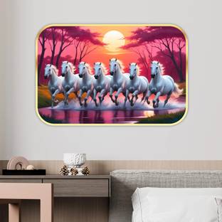 saf 7 Running Horses Sparkle lamination Round Golden Framed Large Painting Digital Reprint 20 inch x 14 inch Painting