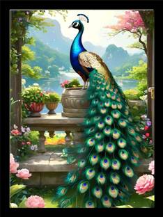 DEKOVA Beautiful Peacock Printed Vastu Painting Frame for Office & Home Digital Reprint 12 inch x 9 inch Painting